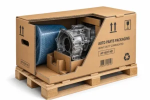 Heavy-duty automotive packaging with foam and corrugated supports around an engine component. 