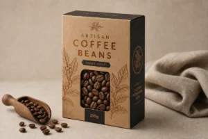 Kraft-style coffee bean packaging box with botanical graphics and artisan branding.