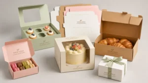 Custom bakery boxes in varied sizes for cakes, cupcakes, macarons, and croissants.