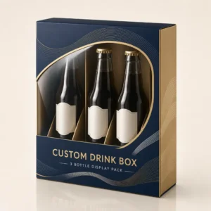 Custom beverage gift box with a round window displaying three glass bottles.