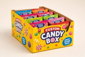 Colorful custom candy display box filled with individually wrapped sweet share packs.