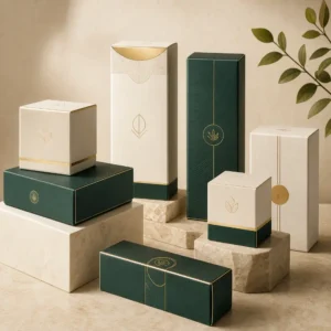 Luxury green and ivory cosmetic packaging boxes in coordinated shapes and sizes.