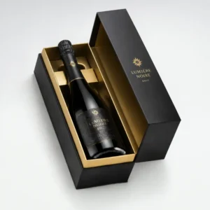 Open black and gold liquor packaging box presenting a champagne bottle at an angle.