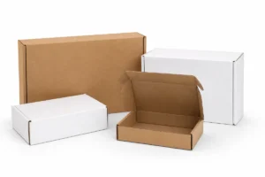 Custom printed ecommerce mailer box with sustainability icons and secure roll-end closure.