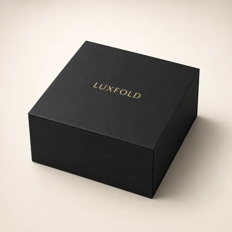 Closed black collapsible magnetic lid rigid box with compact luxury presentation.