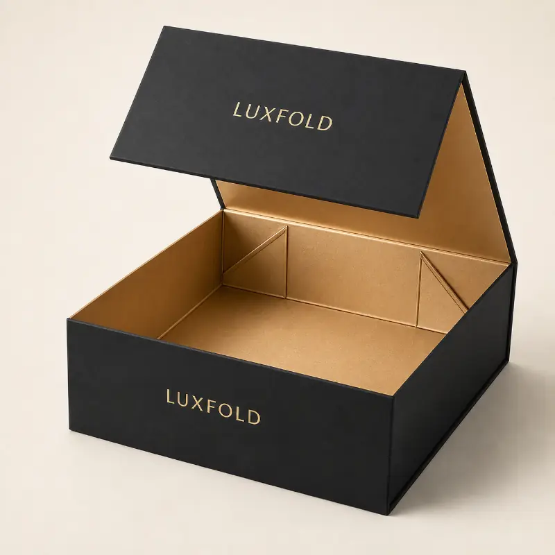 Expanded black collapsible magnetic rigid box showing foldable interior side panels.