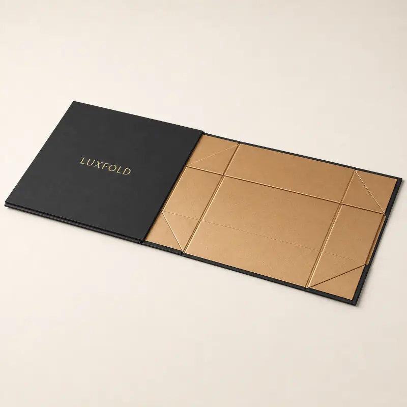 Collapsible magnetic lid rigid box laid flat to show its space-saving foldable structure.