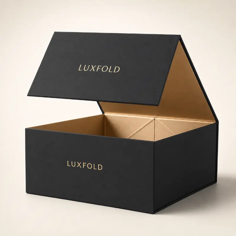 Black collapsible magnetic lid rigid box opened to show its pop-up corner structure.
