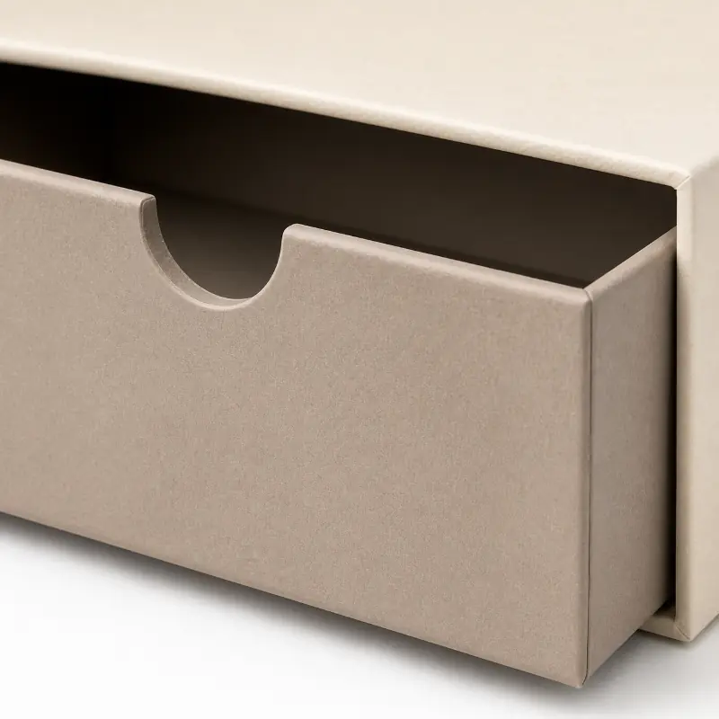 Close-up of the semicircle thumb notch on a custom rigid drawer gift box.