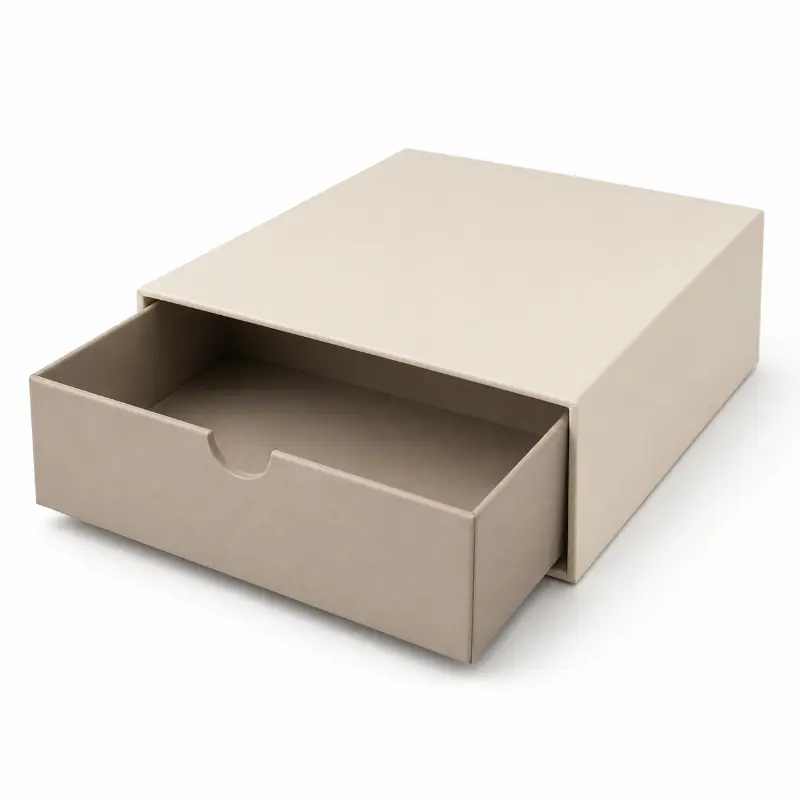 Beige custom rigid drawer box with the thumb-notch tray fully extended.