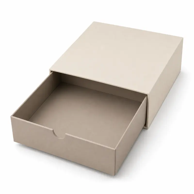 Custom beige rigid drawer box with an open tray and semicircle thumb notch.