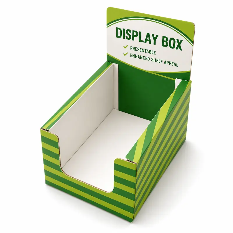 Empty countertop display box with dust flaps, side walls, and retail header.
