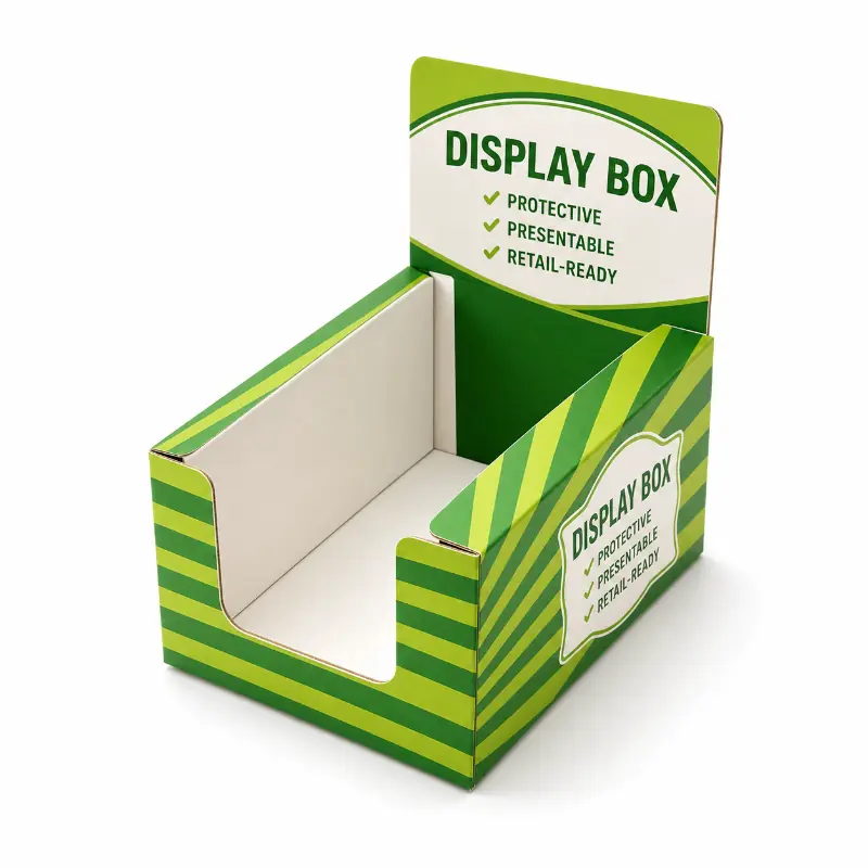 Open green retail display box with dust flaps and a tall printed header panel.