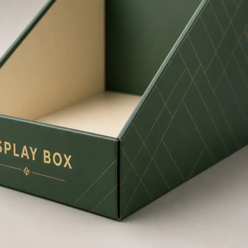 Close-up of the reinforced corner on a green display box without dust flaps.