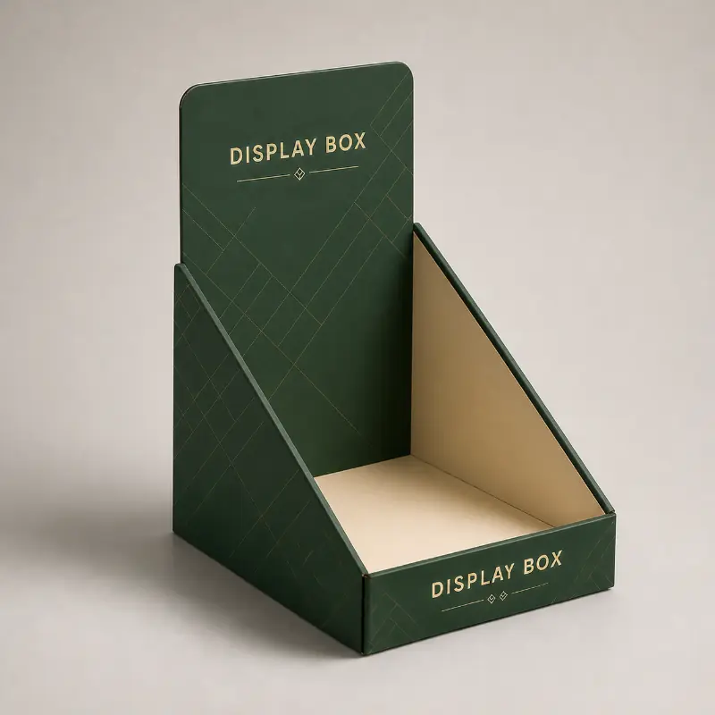 Close-up of the reinforced corner on a green display box without dust flaps.