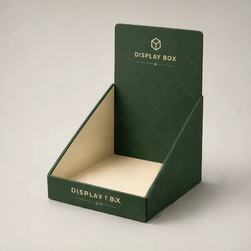 Empty retail display box without dust flaps featuring tall side panels and header.