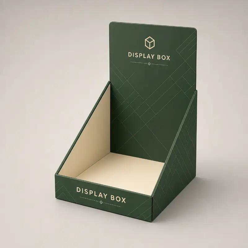 Open-front countertop display box without dust flaps for easy product access.