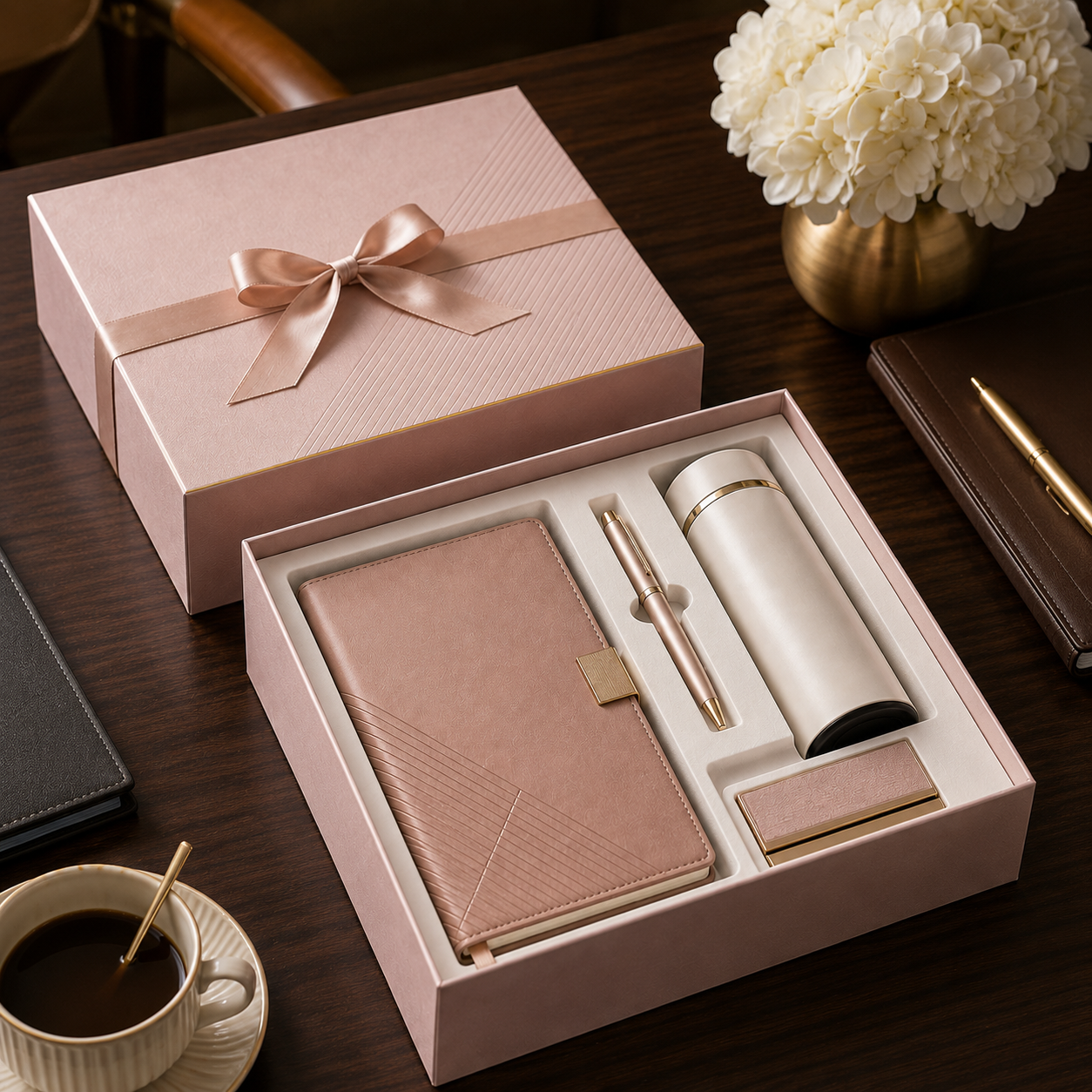 Luxury full-cover-lid rigid gift box with ribbon arranged as an executive desk set.