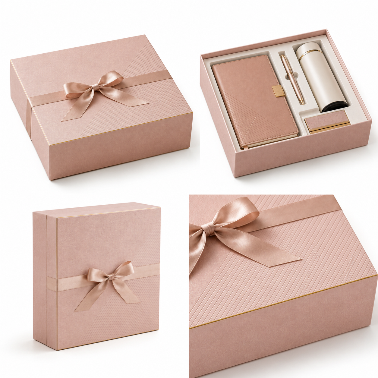 Pink full-cover-lid rigid gift boxes shown open and closed in multiple sizes.
