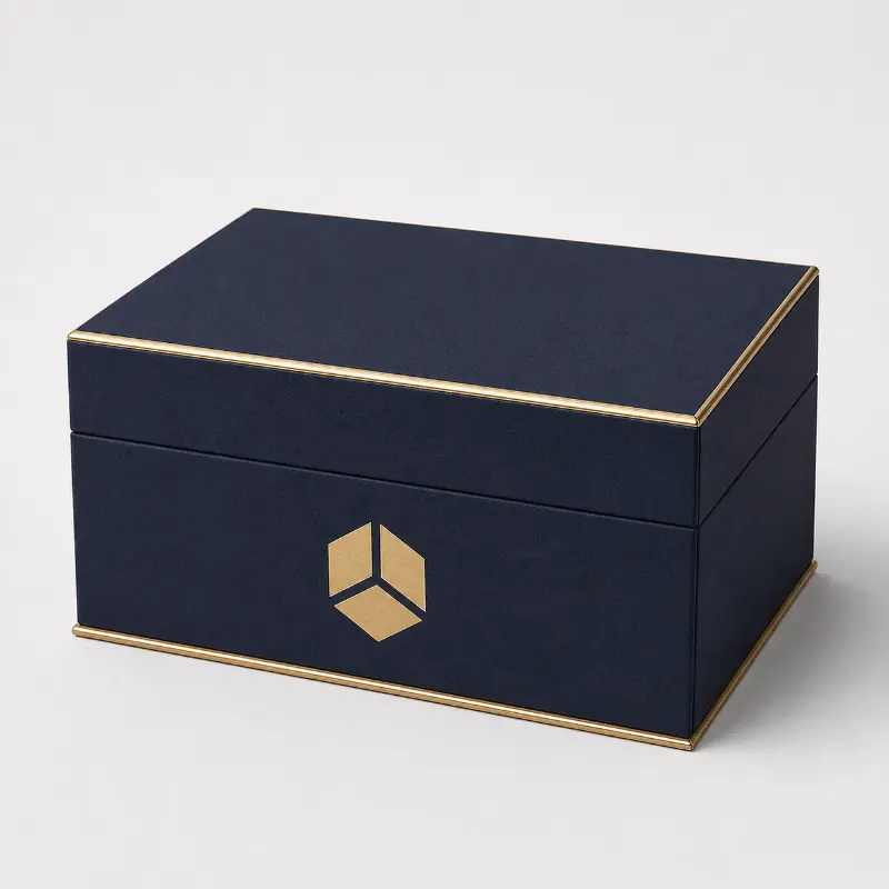 Closed navy magnetic lid rigid gift box with gold edging and foil logo.