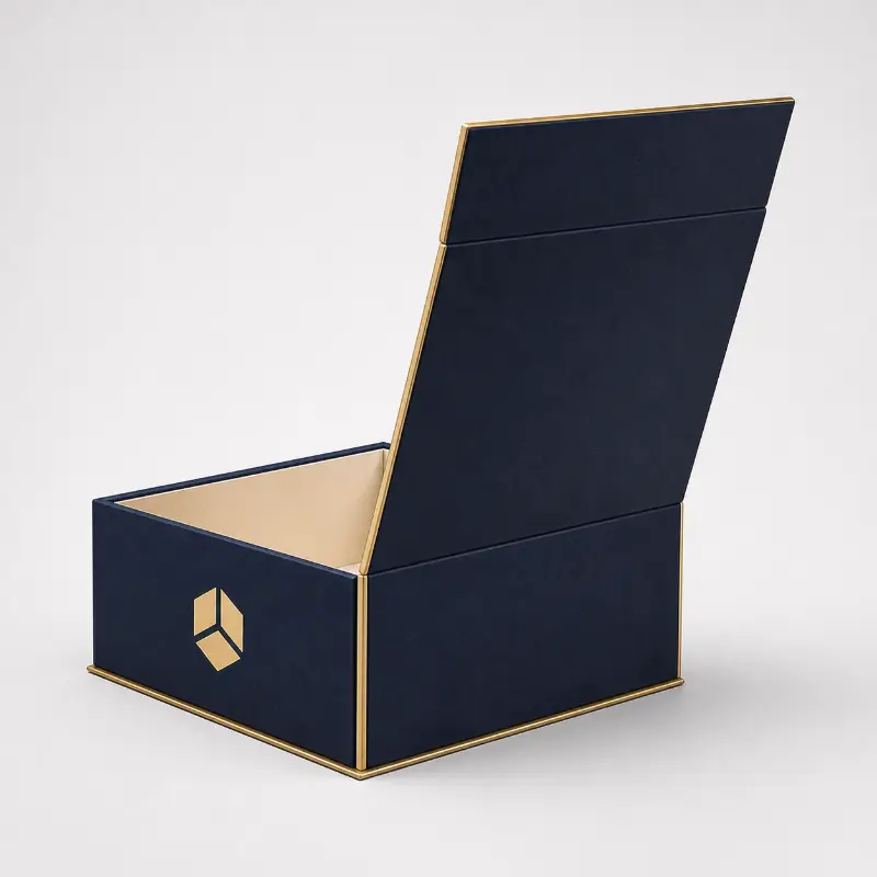 Open navy magnetic lid rigid box with a deep protective interior for luxury gifts.