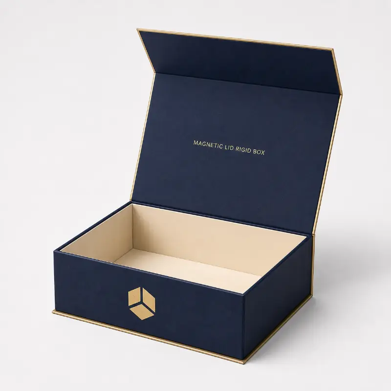 Open navy magnetic lid rigid box with gold trim and a spacious cream interior.