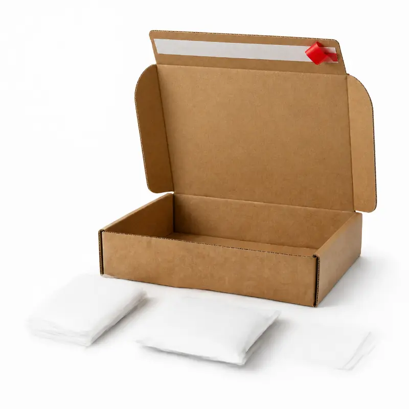 Open kraft mailer box with adhesive strip and tissue paper for ecommerce fulfillment.