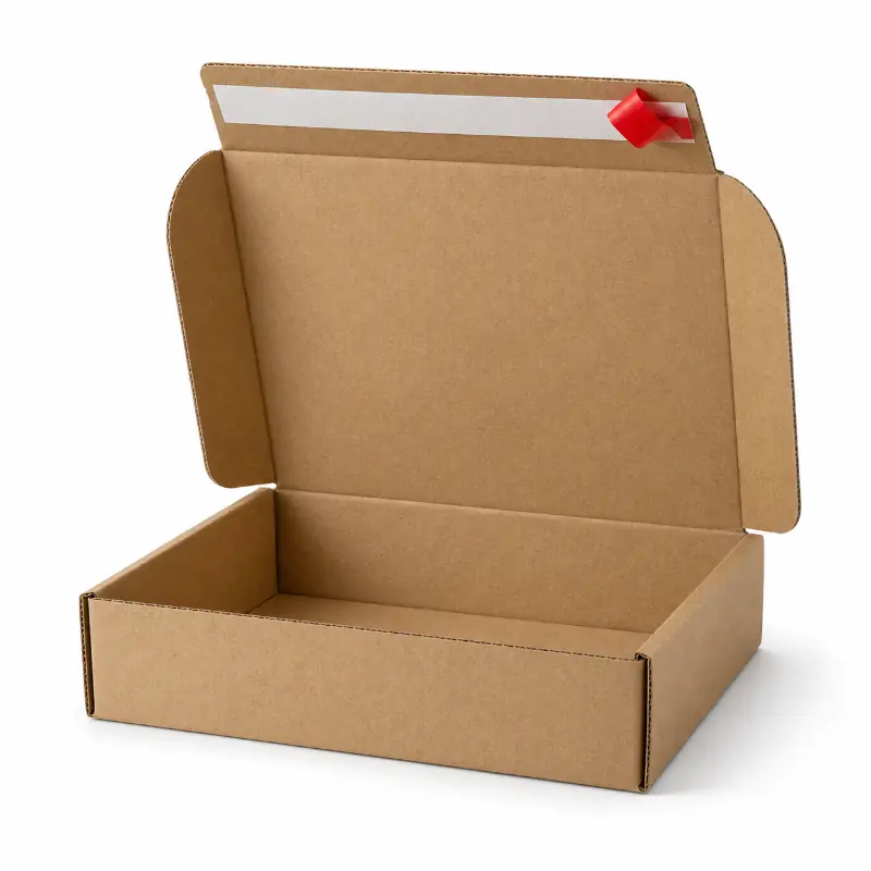 Open kraft mailer box with a peel-and-seal adhesive strip for fast secure closure.