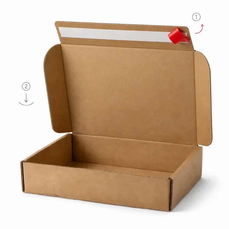 Kraft mailer box showing how to peel and seal the built-in adhesive closure strip.