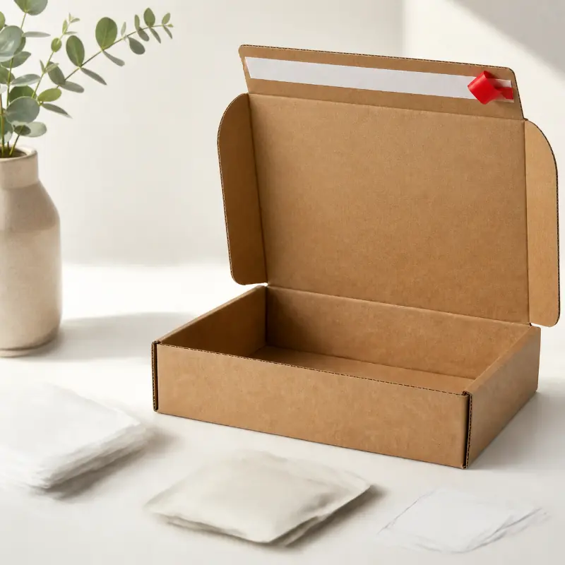 Open adhesive mailer box in a packing scene with protective tissue paper.