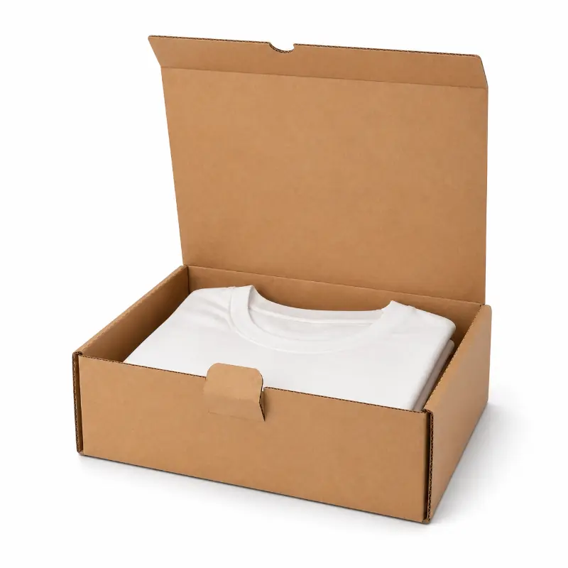 Kraft mailer box without dust flaps packed with folded apparel for ecommerce delivery.