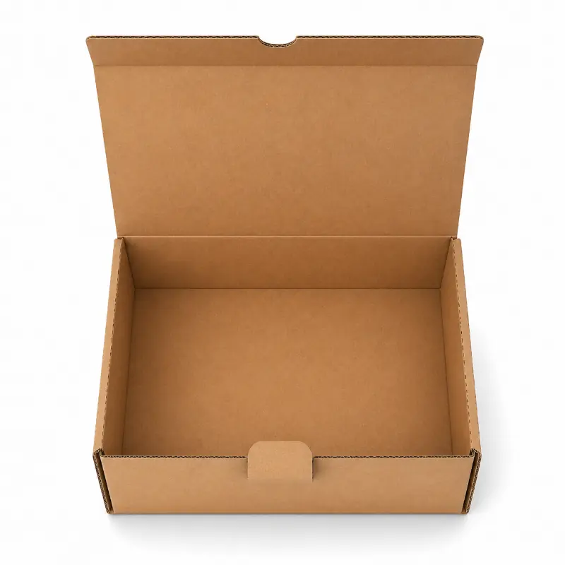Close-up of the front locking tab on a kraft mailer box without dust flaps.