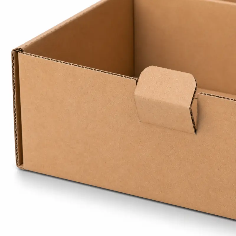 Open kraft mailer box without dust flaps showing a spacious flat interior.
