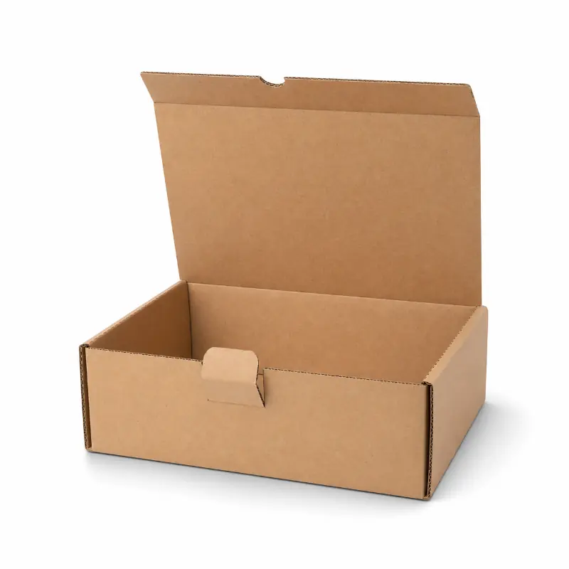 Kraft mailer box without dust flaps packed with folded apparel for ecommerce delivery.