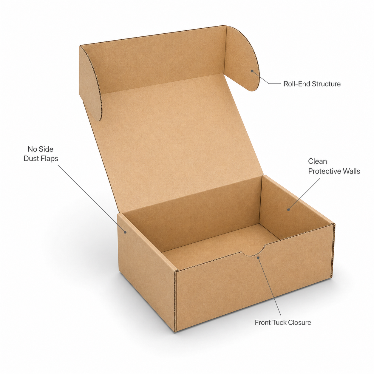 Open kraft mailer box without side flaps showing a clean interior and roll-end lid.