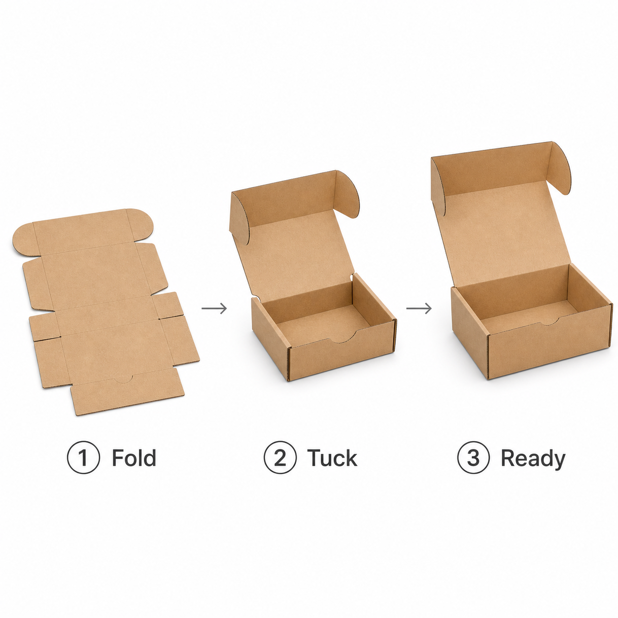 Three-step fold and tuck assembly of a kraft mailer box without side flaps.