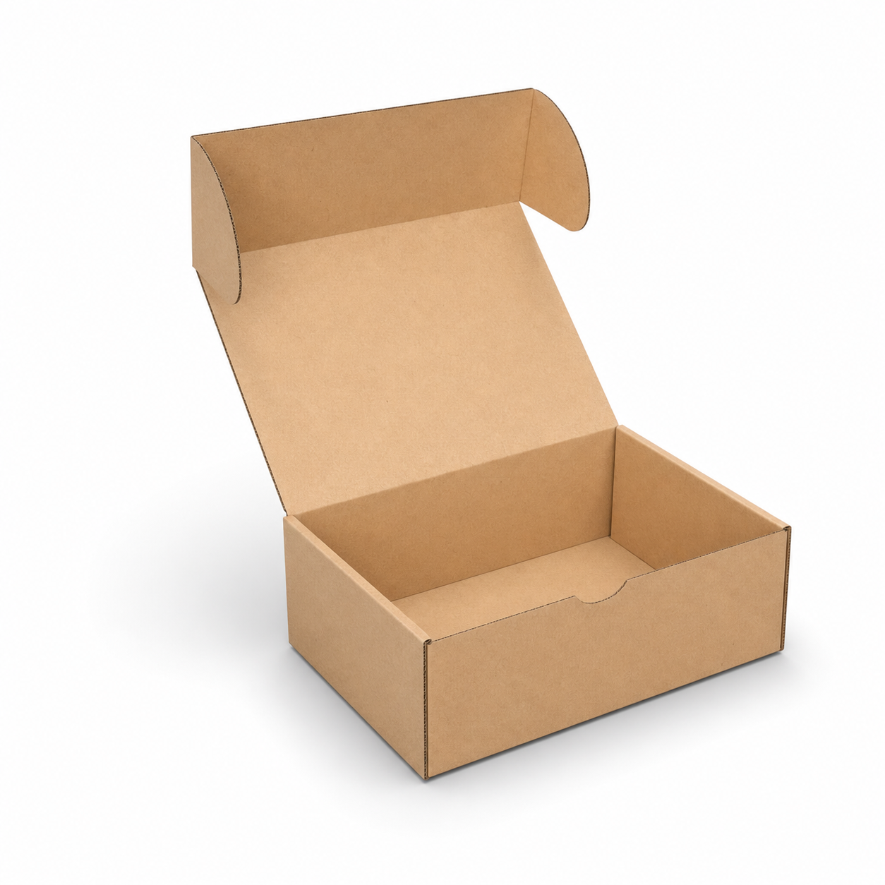 Open kraft mailer box without side flaps for simple packing and ecommerce fulfillment.