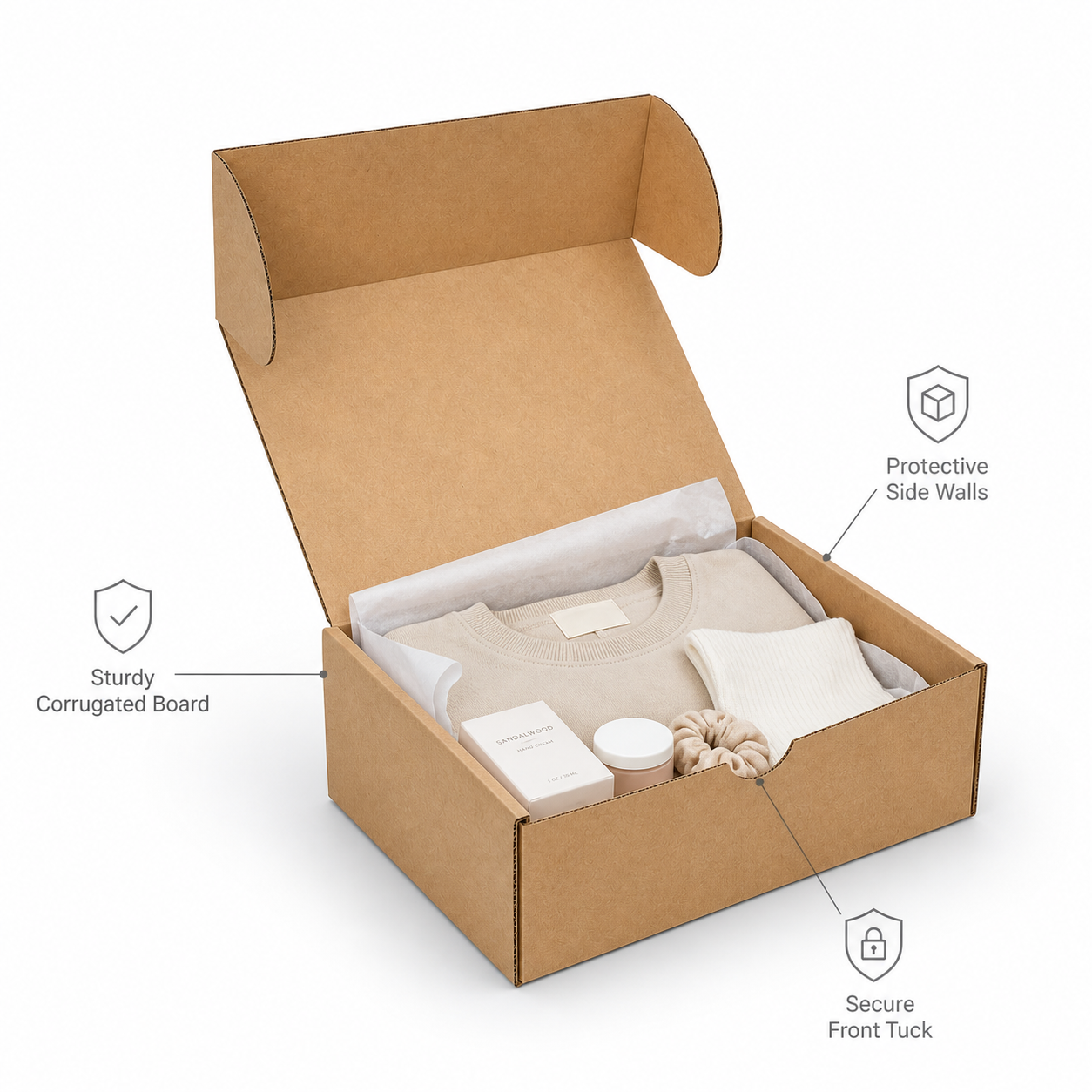 Kraft mailer box without flaps packed with a protective insert for ecommerce products.
