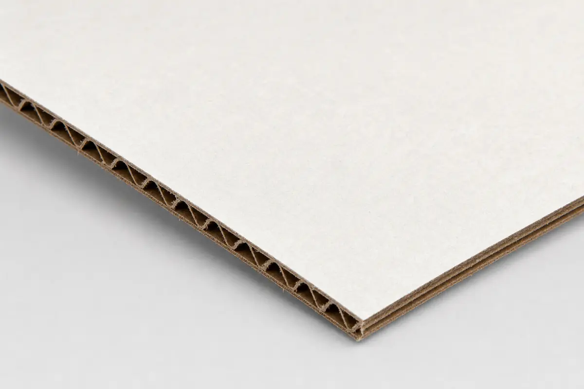 Oyster white corrugated packaging board with a smooth printable surface and kraft fluting.
