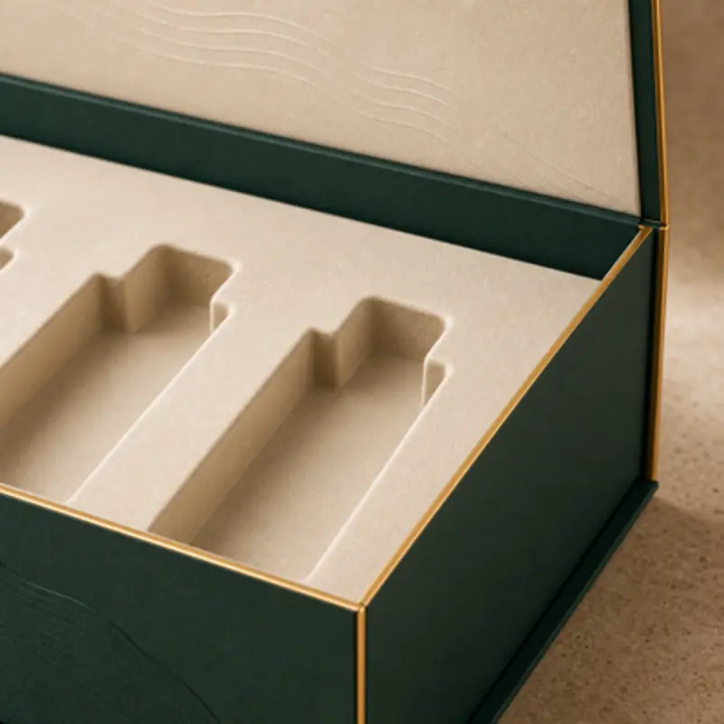 Close-up of a custom fitted insert inside a green partial-cover-lid rigid perfume box.