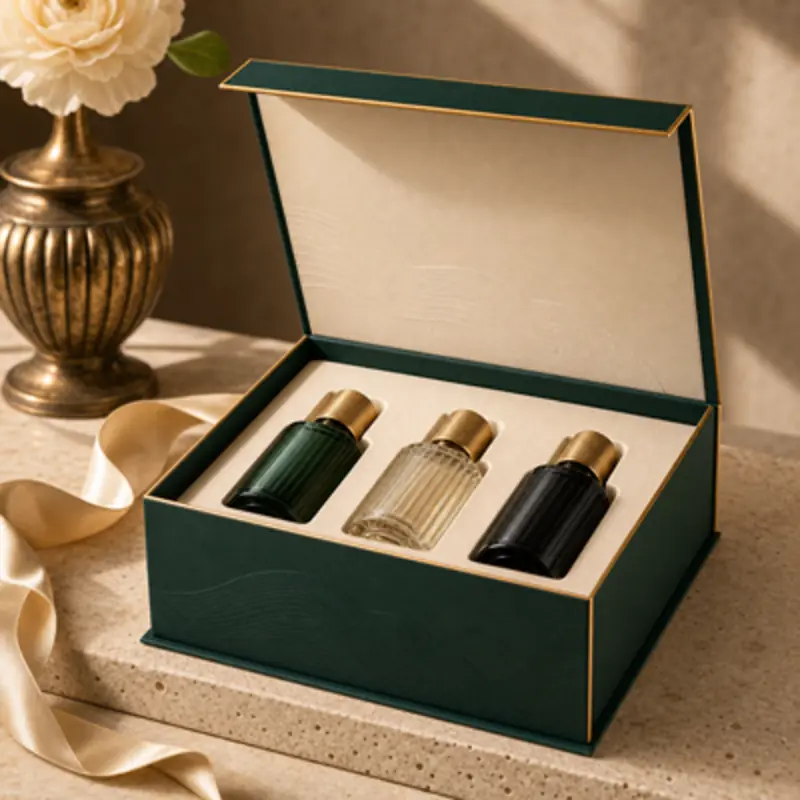 Luxury partial-cover-lid rigid box displaying three fragrance bottles in a premium gift setting.