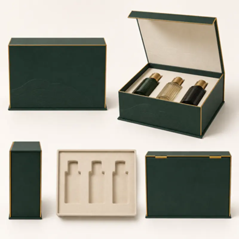 Multiple views of a green partial-cover-lid rigid box with removable perfume bottle insert.