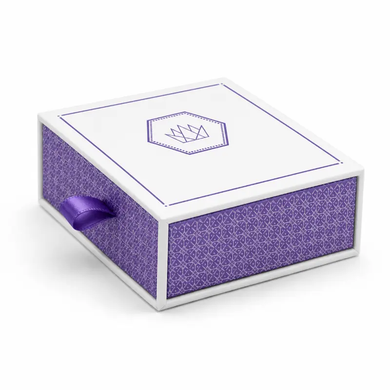 Closed purple and white rigid drawer gift box with a premium ribbon handle.