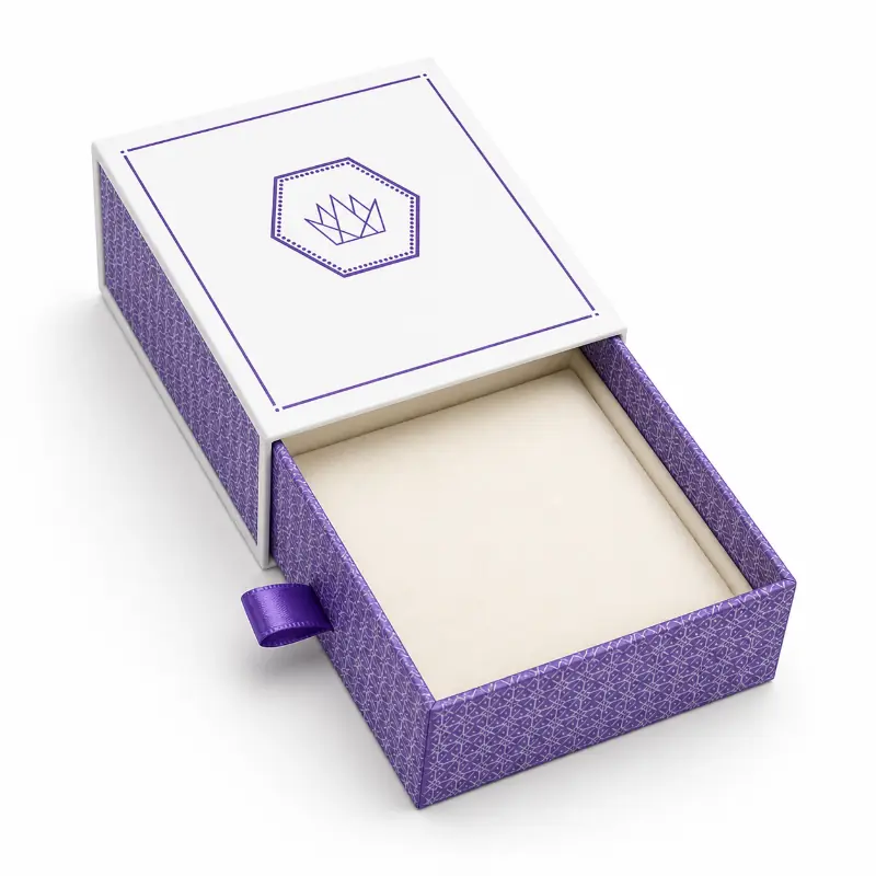 Open purple rigid drawer box with ribbon handle and an empty fitted insert.