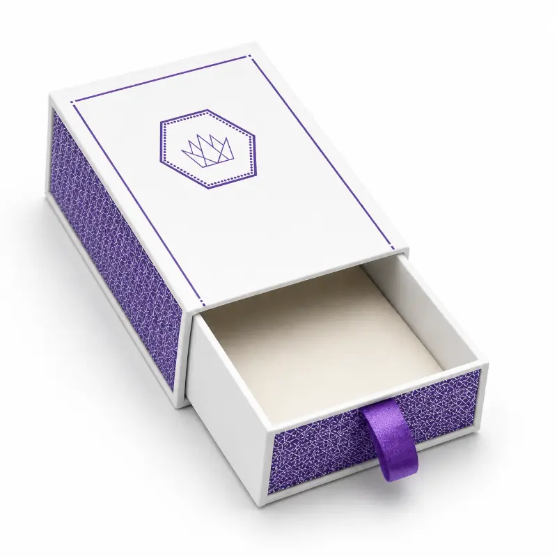 Purple and white rigid drawer box with ribbon pull and an open product tray.