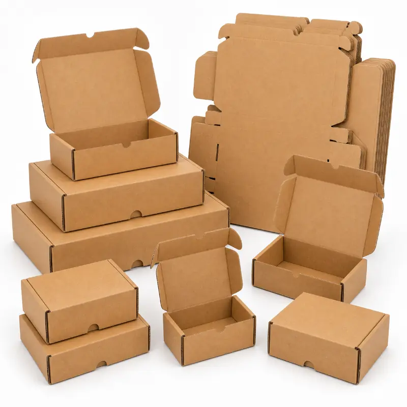 Collection of open and closed standard kraft mailer boxes for protective product delivery.