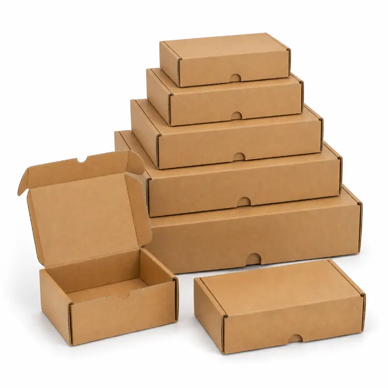 Stacked standard kraft mailer boxes in multiple sizes for ecommerce orders and subscriptions.