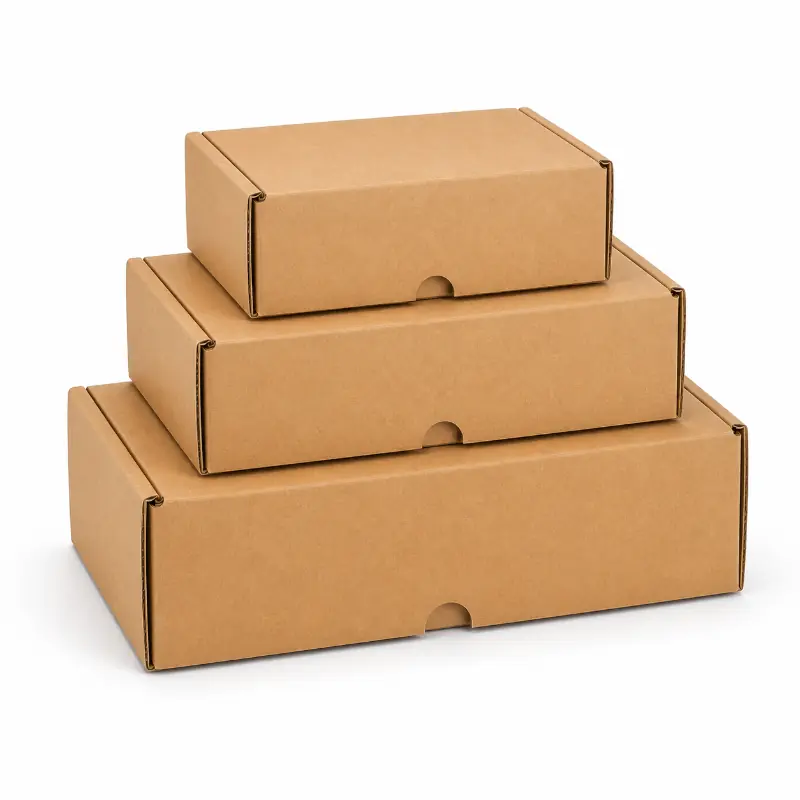 Collection of open and closed standard kraft mailer boxes for protective product delivery.