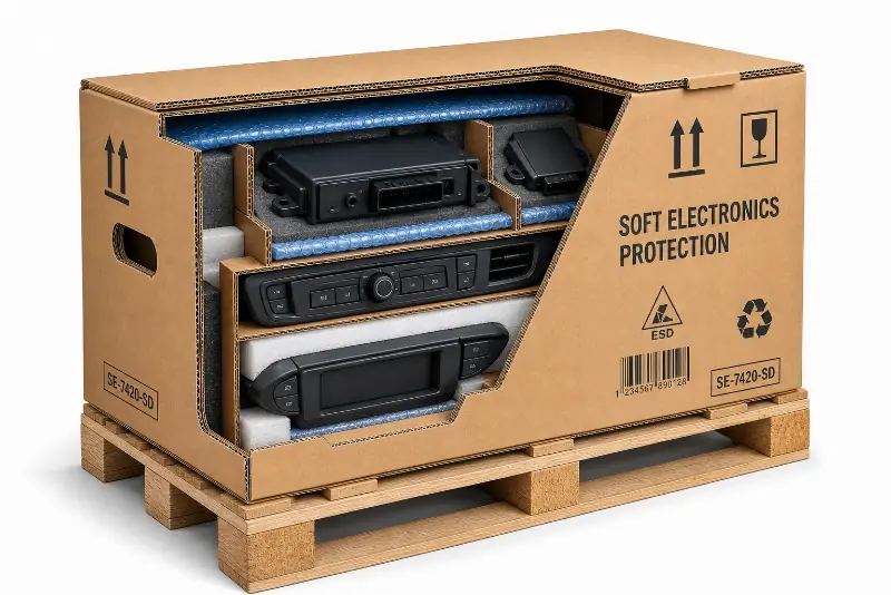 Heavy-duty automotive packaging with foam and corrugated supports around an engine component.