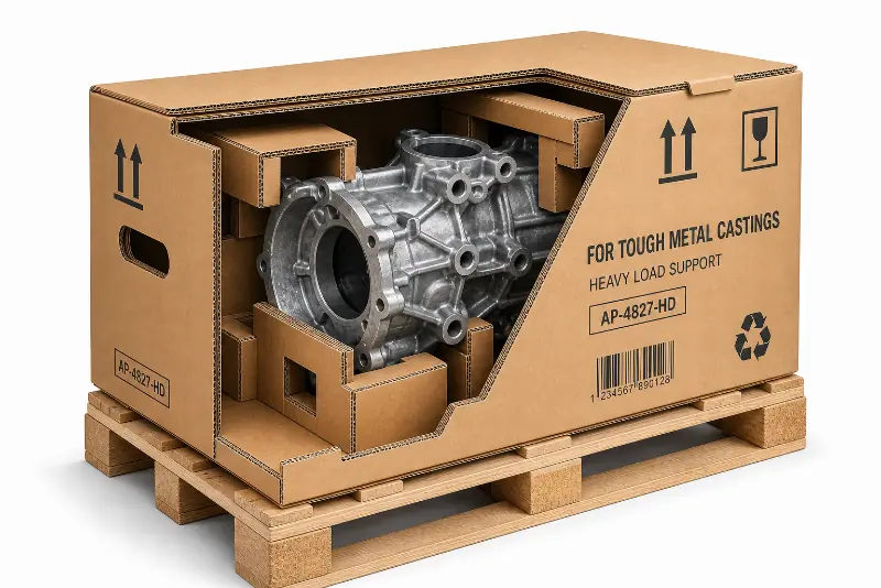 Heavy-duty automotive packaging securing a metal engine casting on a shipping pallet.